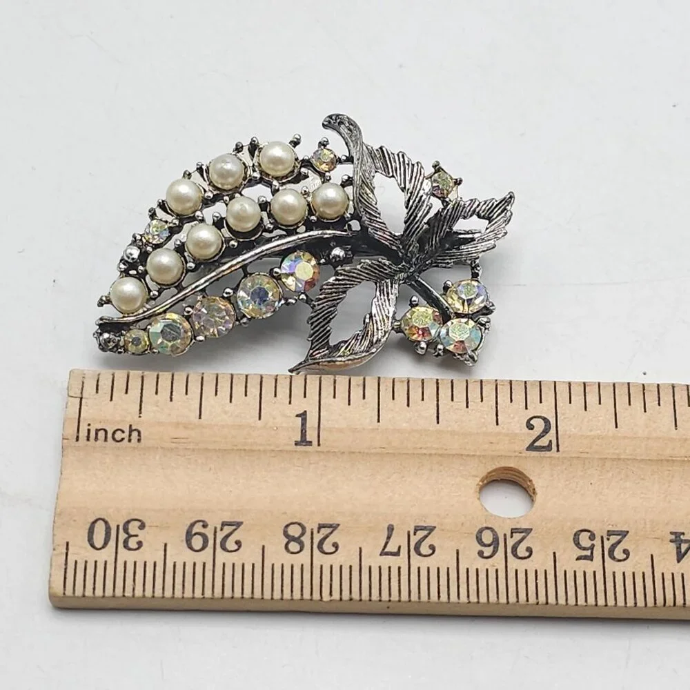 Vintage Leaf Brooch With Faux Pearls Clear AB Rhinestones Mid Century